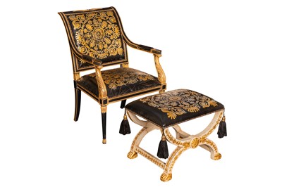 Lot 396 - AN EMPIRE STYLE ARMCHAIR AND MATCHING FOOTSTOOL