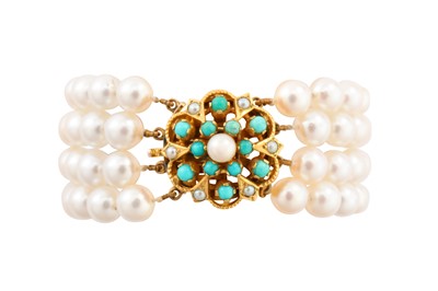 Lot 256 - A FOUR-STRAND PEARL AND TURQUOISE BRACELET