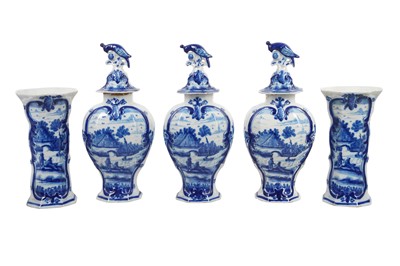 Lot 202 - A 19TH CENTURY DUTCH DELFT GARNITURE OF FIVE VASES
