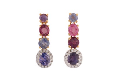Lot 100 - A PAIR OF MULTI-COLOURED SAPPHIRE AND DIAMOND EARRINGS