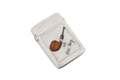 Lot 25 - A Victorian sterling silver and enamel novelty vesta case, Birmingham 18889 by David and Lionel Spiers