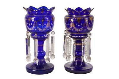 Lot 276 - A PAIR OF BOHEMIAN BLUE GLASS LUSTRES, LATE 19TH CENTURY