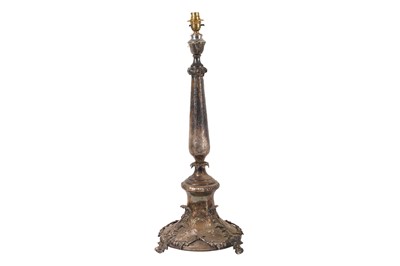 Lot 275 - A SILVER PLATED ECLESIASTICAL CANDLESTICK CONVERTED TO A TABLE LAMP, 19TH CENTURY