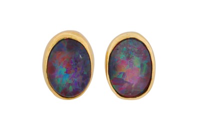 Lot 117 - A PAIR OF OPAL TRIPLET STUD EARRINGS, CIRCA 1996