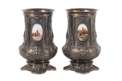 Lot 106 - A PAIR OF LATE VICTORIAN RENAISSANCE REVIVAL STERLING SILVER VASES, ELKINGTON & CO BIRMINGHAM 1888