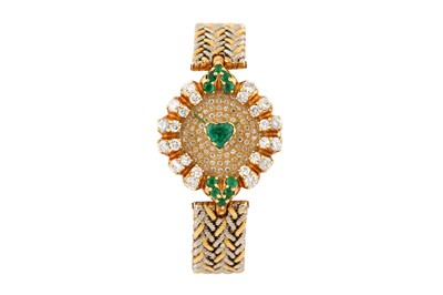 Lot 468 - GERALD GENTÁ DIAMOND AND EMERALD SET COCKTAIL BRACELET DRESS WATCH - 18K GOLD