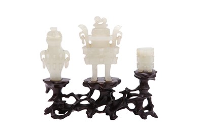 Lot 50 - A GARNITURE OF CHINESE JADE MINIATURE VESSELS