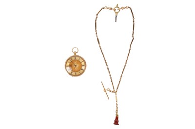 Lot 506A - A LATE 19TH CENTURY OPEN-FACED FOB WATCH WITH AN ALBERT CHAIN
