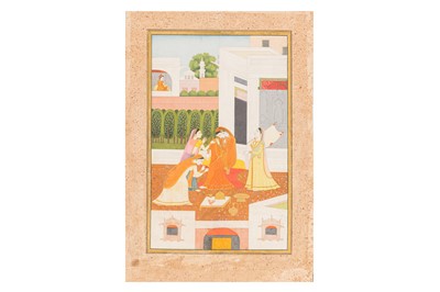 Lot 75 - A FINE KANGRA MINIATURE PAINTING OF NAYIKA (MAIDEN) WITH ATTENDANTS