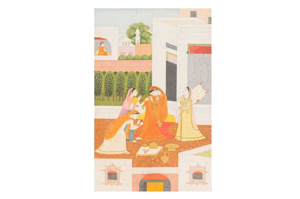75 - A FINE KANGRA MINIATURE PAINTING OF NAYIKA (MAIDEN) WITH ATTENDANTS