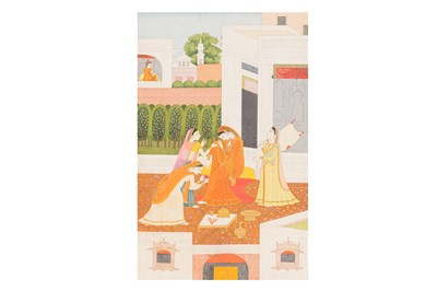 Lot 75 - A FINE KANGRA MINIATURE PAINTING OF NAYIKA (MAIDEN) WITH ATTENDANTS