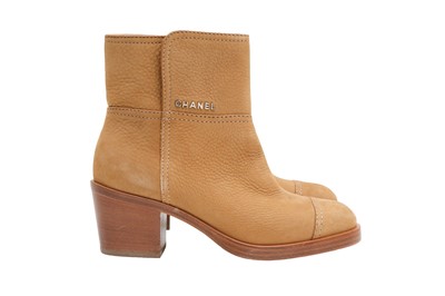 Lot 141 - Chanel Tan CC Heeled Ankle Boot - Size 37.5