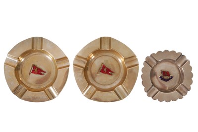 Lot 70 - THREE EPNS & ENAMEL ASHTRAYS SOLD ONBOARD CUNARD SHIPS