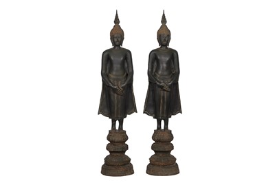 Lot 140 - A PAIR OF LARGE THAI BRONZE FIGURES OF BUDDHA SHAKYAMUNI