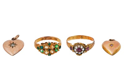 Lot 13 - TWO RINGS AND TWO HEART PENDANTS