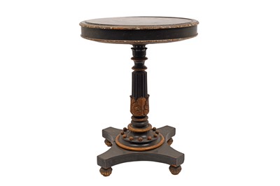 Lot 333 - A REGENCY EBONISED AND PARCEL GILT MARBLE TOP OCCASIONAL TABLE, EARLY 19TH CENTURY