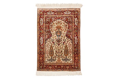 Lot 32 - AN EXTREMELY FINE SILK KEYSERI PRAYER RUG, TURKEY