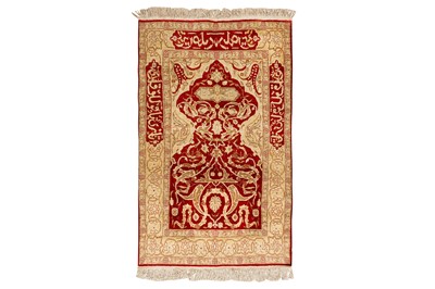 Lot 91 - A VERY FINE SILK & METAL THREAD HEREKE PRAYER RUG, TURKEY