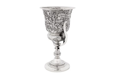Lot 124 - A late 19th century Chinese export silver standing cup, Canton dated 1886 marked Quan Ji, retailed by Wang Hing