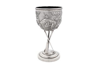 Lot 18 - A late 19th / early 20th century Chinese export silver goblet, Shanghai circa 1900, marked Ning Zhao Ji, retailed by Tien Sheng of Hong Kong