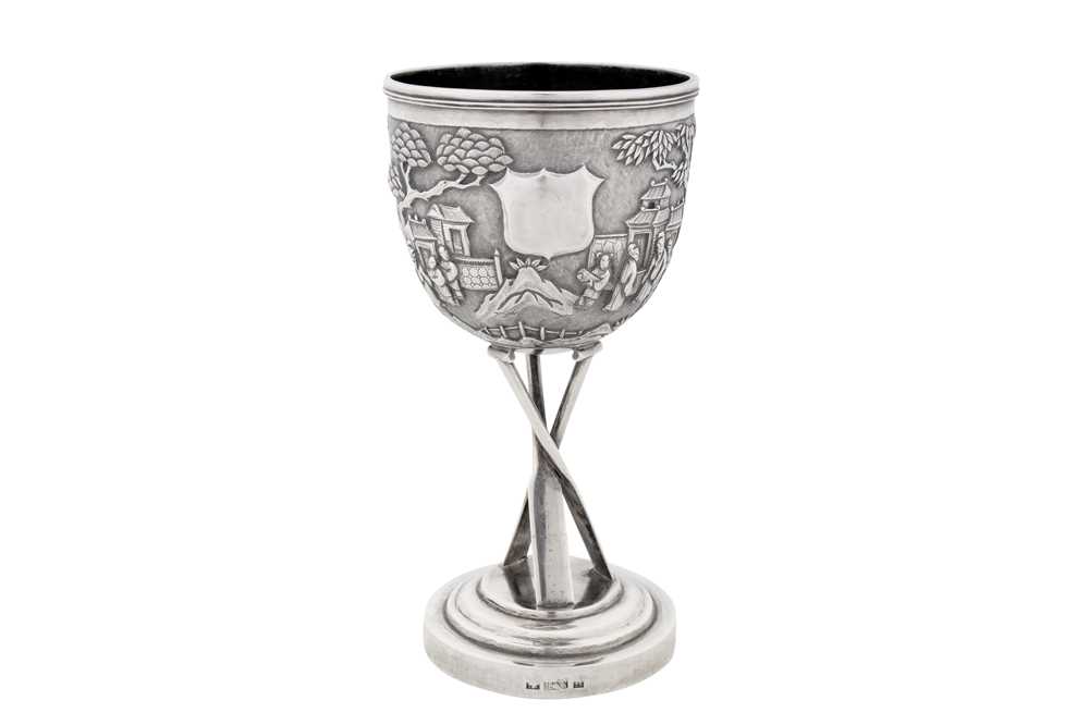 Lot 18 - A late 19th / early 20th century Chinese export silver goblet, Shanghai circa 1900, marked Ning Zhao Ji, retailed by Tien Sheng of Hong Kong