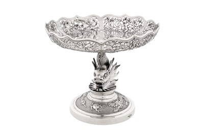 Lot 111 - A late 19th / early 20th century Chinese export silver comport or footed tazza, Canton circa 1900, marked Hou Xiang, retailed by Wang Hing