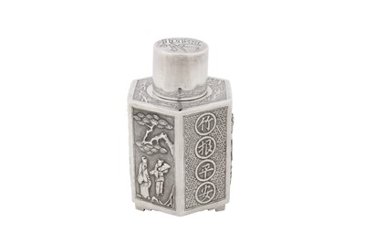 Lot 85 - A late 19th / early 20th century Chinese export silver tea caddy, Canton circa 1900, marked Zhou, retailed by Wang Hing