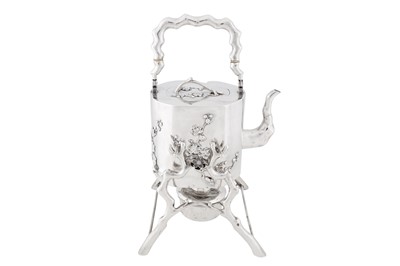 Lot 103 - An early 20th century Chinese export silver kettle on stand, Shanghai circa 1920, marked Ju Chang, retailed by Chi Cheong of Canton and Hong Kong