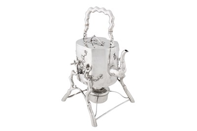 Lot 103 - An early 20th century Chinese export silver kettle on stand, Shanghai circa 1920, marked Ju Chang, retailed by Chi Cheong of Canton and Hong Kong