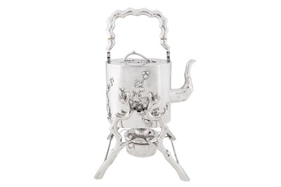 Lot 103 - An early 20th century Chinese export silver kettle on stand, Shanghai circa 1920, marked Ju Chang, retailed by Chi Cheong of Canton and Hong Kong