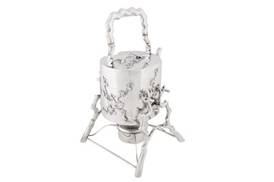 Lot 103 - An early 20th century Chinese export silver kettle on stand, Shanghai circa 1920, marked Ju Chang, retailed by Chi Cheong of Canton and Hong Kong