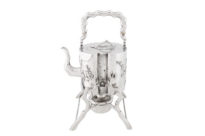 Lot 103 - An early 20th century Chinese export silver kettle on stand, Shanghai circa 1920, marked Ju Chang, retailed by Chi Cheong of Canton and Hong Kong