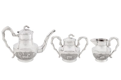 Lot 26 - An early 20th century Chinese export silver three-piece coffee service, Hankou (Hankow) circa 1910, marked Lao Tian Bao