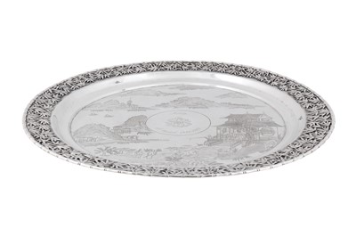 Lot 19 - A late 19th century Chinese export silver tray, Canton dated 1895, marked Shen Chang, retailed by Gem Wo