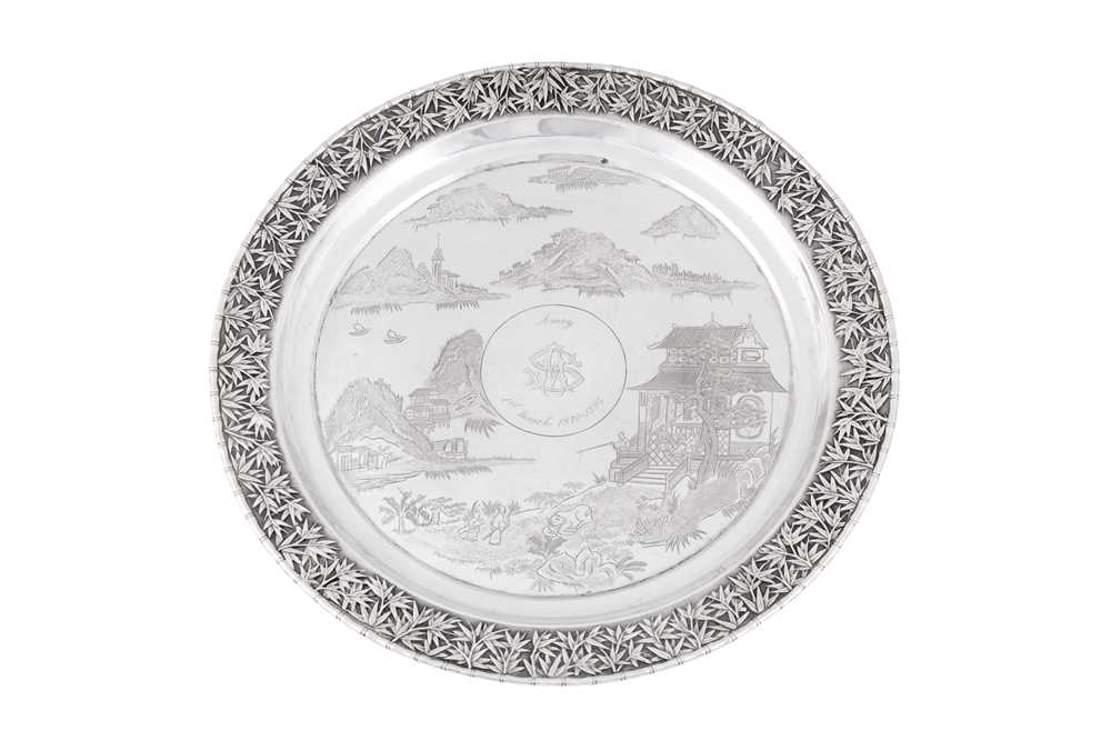 Lot 19 - A late 19th century Chinese export silver tray, Canton dated 1895, marked Shen Chang, retailed by Gem Wo