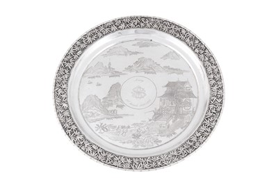 Lot 19 - A late 19th century Chinese export silver tray, Canton dated 1895, marked Shen Chang, retailed by Gem Wo