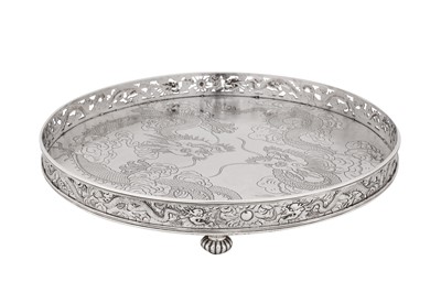 Lot 122 - A late 19th century Chinese export silver tray, Canton circa 1890, marked Qiu Ji, retailed by Wang Hing