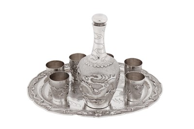 Lot 28 - A mid-20th century Chinese export silver bottle and shots set on tray, the bottle and shots, Zhu Hai circa 1950