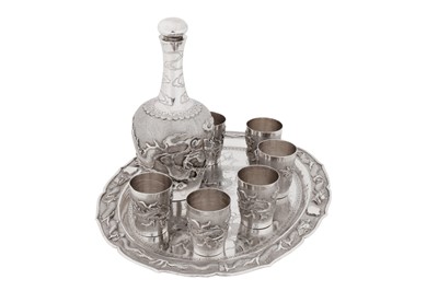Lot 28 - A mid-20th century Chinese export silver bottle and shots set on tray, the bottle and shots, Zhu Hai circa 1950
