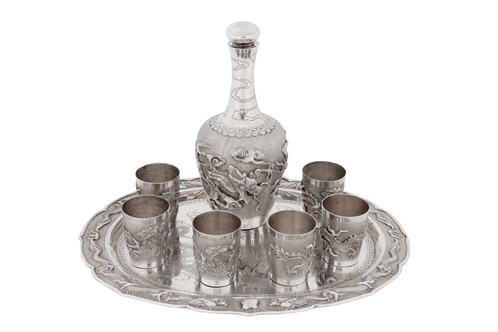 Lot 28 - A mid-20th century Chinese export silver bottle and shots set on tray, the bottle and shots, Zhu Hai circa 1950