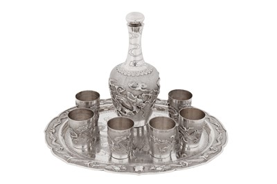 Lot 28 - A mid-20th century Chinese export silver bottle and shots set on tray, the bottle and shots, Zhu Hai circa 1950