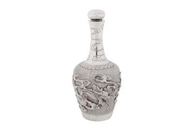 Lot 28 - A mid-20th century Chinese export silver bottle and shots set on tray, the bottle and shots, Zhu Hai circa 1950