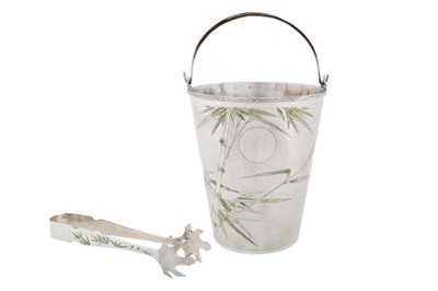 Lot 92 - An early 20th century Chinese export silver and enamel ice bucket and tongs, Shanghai circa 1930, marked Wen Yu, retailed by Zee Sung