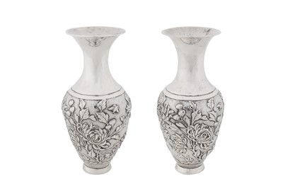 Lot 64 - A pair of early 20th century Chinese export unmarked silver vases, Shanghai circa 1920