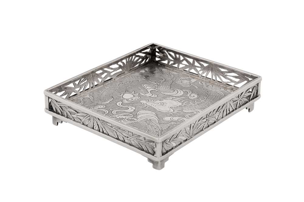 Lot 50 - An early 20th century Chinese export silver small desk tray, Shanghai circa 1920, marked Shan Ji, retailed by Wang Hing