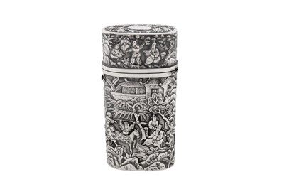 Lot 38 - A mid-19th century Chinese export silver cheroot case, Canton circa 1860, marked Hui, retailed by Khe Cheong