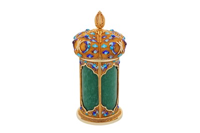Lot 70 - A late 20th century Chinese silver gilt filigree, jadeite, and enamel cannister