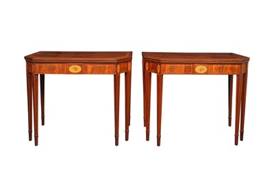 Lot 336 - A PAIR OF EDWARDIAN GEORGE III STYLE MAHOGANY AND SATINWOOD INLAID CARD TABLES