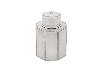Lot 436 - A George V Arts and Crafts sterling silver tea caddy, Birmingham 1913 by Liberty and Co, designed by Bernard Cuzner (1877-1956)