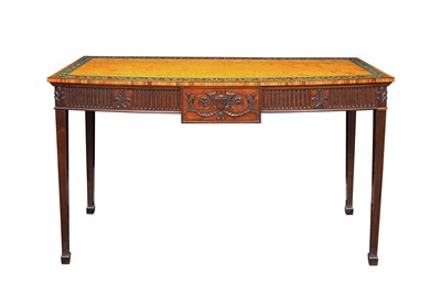 Lot 335 - A LATE VICTORIAN SHERATON REVIVAL MAHOGANY AND SATIN BIRCH BOW FRONT SIDE TABLE